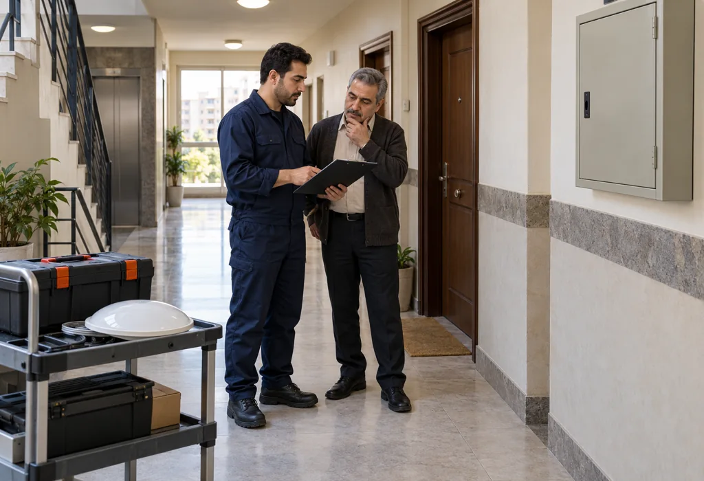 تصویرسازی هماهنگی برقکار و مدیر ساختمان برای بررسی روشنایی مشترک در اکباتان کنار تابلوی بسته