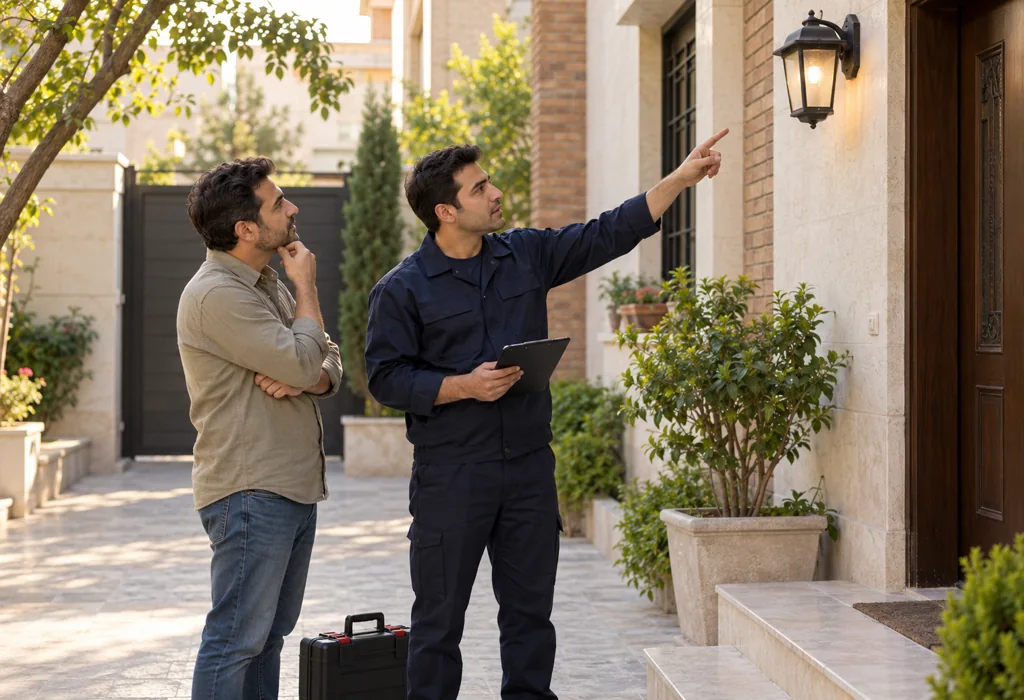 تصویرسازی برقکار و ساکن هنگام بررسی ظاهری چراغ بسته ورودی برای برنامهریزی خدمات در کن