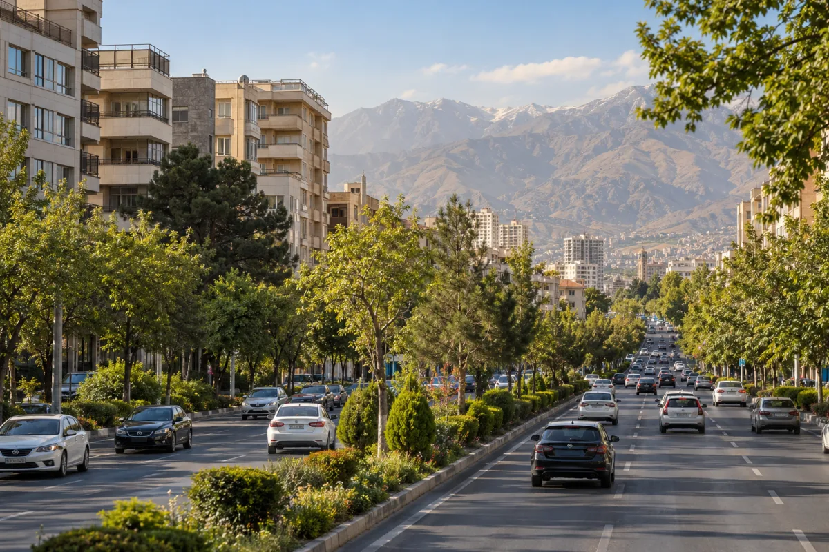 بازسازی تصویری فوتورئال از بلوار سبز و ساختمان‌های مسکونی پونک در شمال غرب تهران