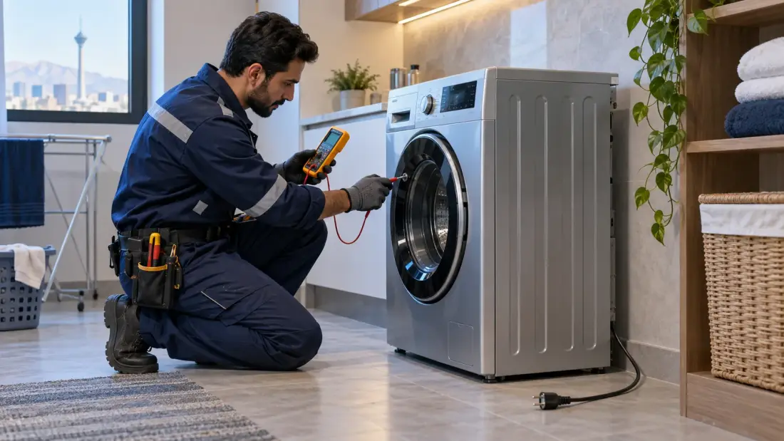 برقکار در حال بررسی نشتی برق بدنه ماشین لباسشویی