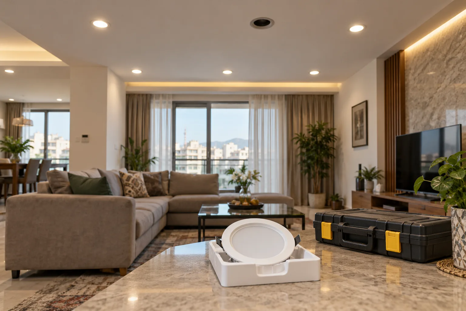 چراغ هالوژن LED جدید آماده جایگزینی در اتاقی با یک چراغ سقفی خاموش