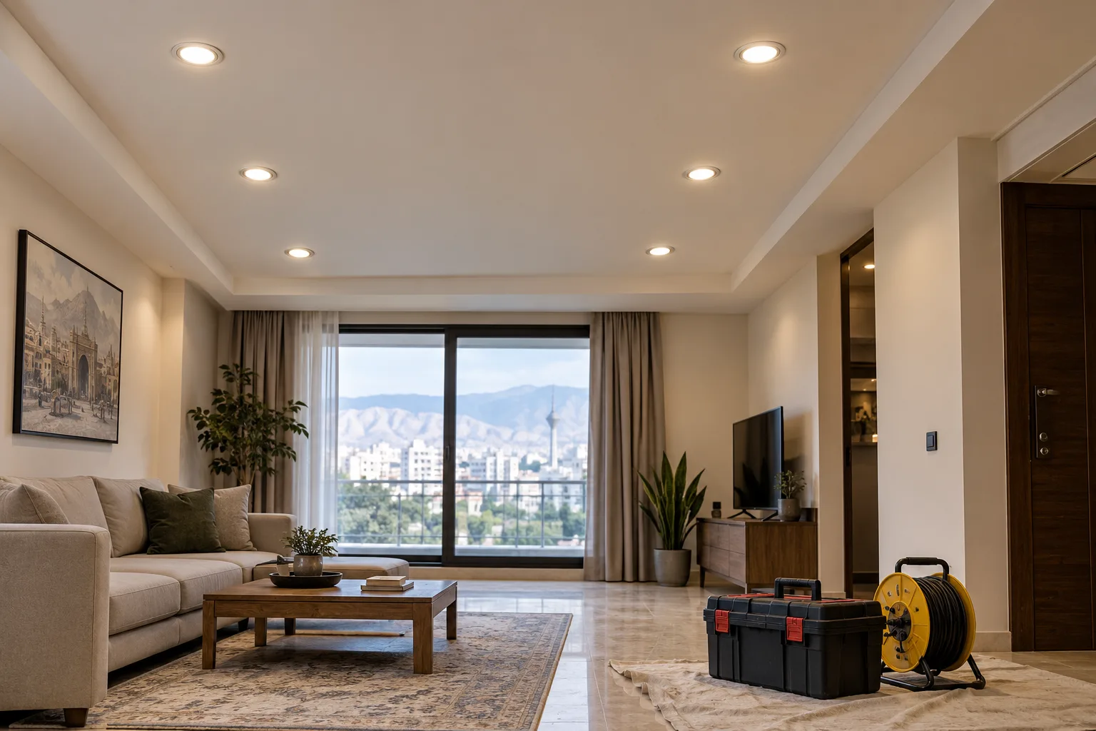 شش چراغ هالوژن LED توکار نصب‌شده در سقف پذیرایی همراه ابزار برقکار