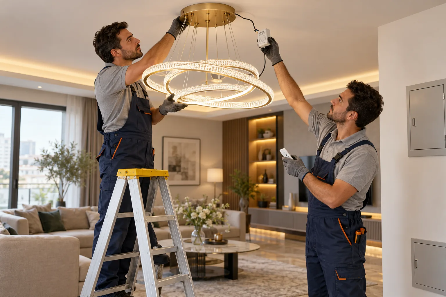 نصب ایمن لوستر ریموت‌دار و بررسی گیرنده کنترل توسط دو برقکار